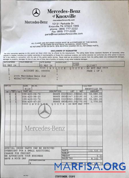 Downloadable Mercedes Benz service payment receipt template
